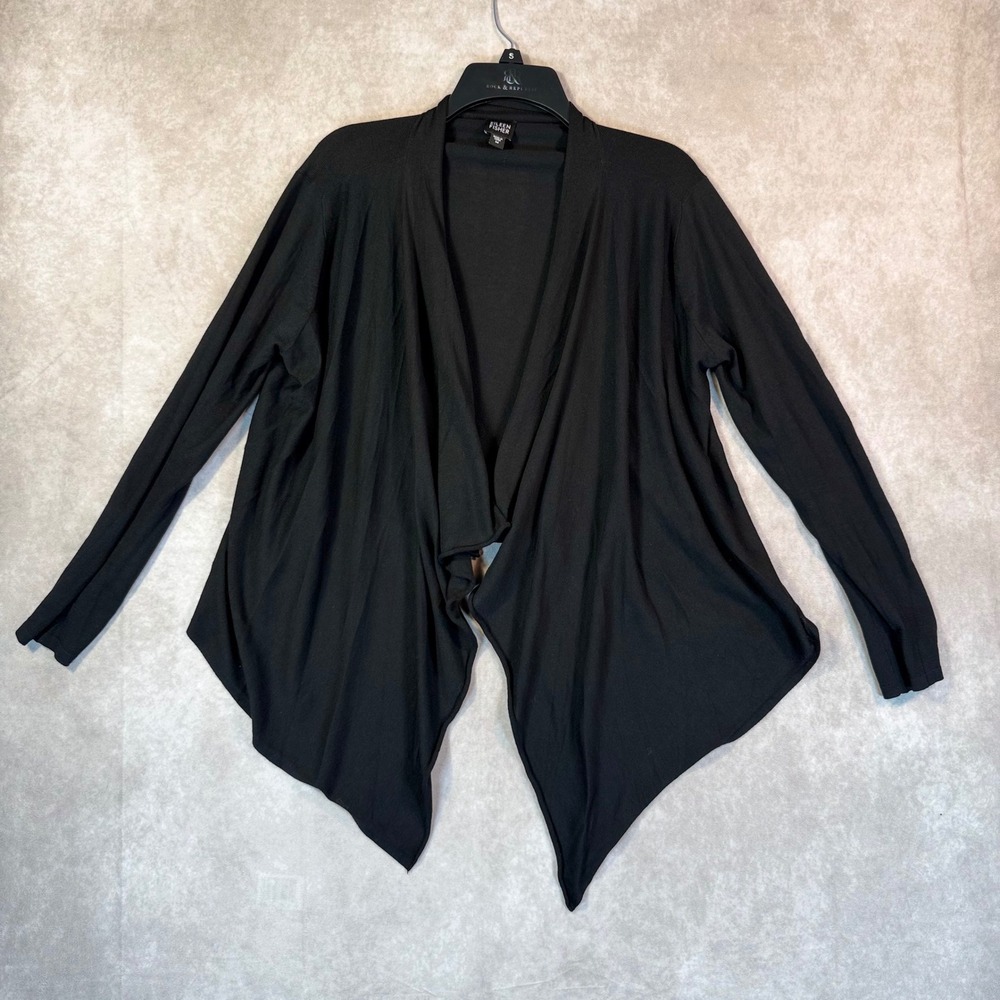 Eileen Fisher Cardigan Womens M Black Solid Silk Cotton Handkerchief Hem Draped